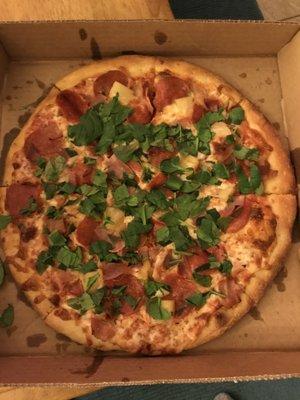 Ham, Pepperoni, Pineapple, Bacon and Spinach.