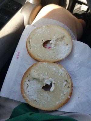 2 bagels extra cream cheese cut in half, wtf is this shit!