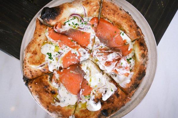 Salmon Gravlax pizza with Red Onion and Creme Fraiche