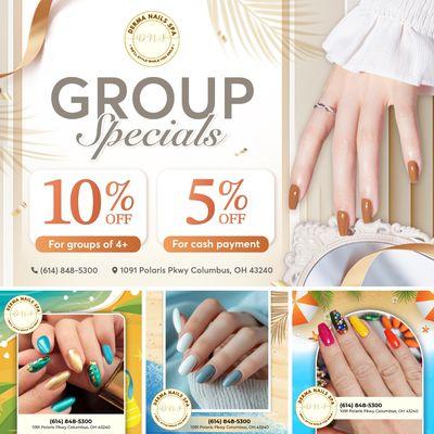 Visit Derma Nails Spa today and take advantage of our fabulous discounts! 
Get 10% OFF for groups of 4 or more
Get 5% OFF for Cash Payment