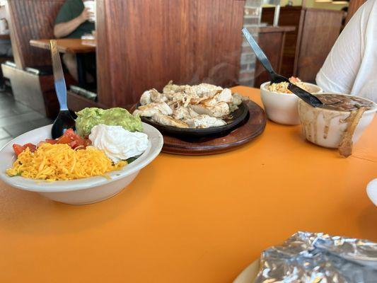 Chicken fajitas - rice . beans and the fixens