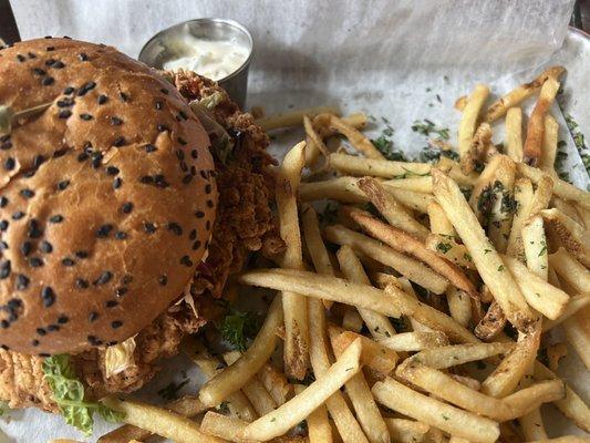 Fried chicken sandwich and truffle fries