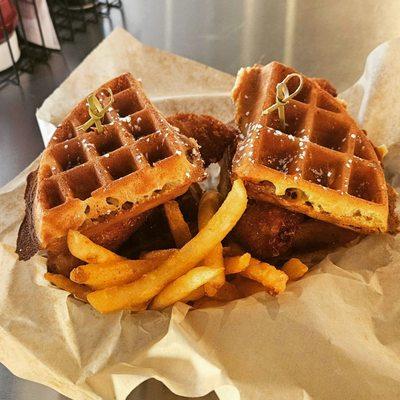 Hot Honey Chicken & Waffles Sando with Fries