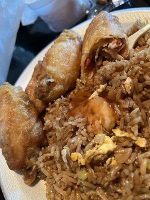 Shrimp fried rice , chicken wings and egg roll