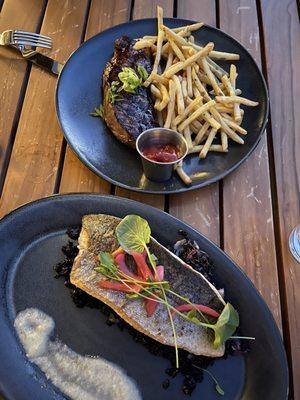 Steak Frites - my son said it was amazing! Trout with Forbidden Rice - light and tasty.