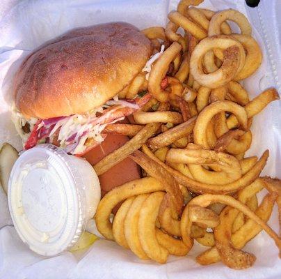 Tasty Smoked bologna sandwich with added coleslaw, side of crispy curly fries, 4/5..and only $5 for all that!