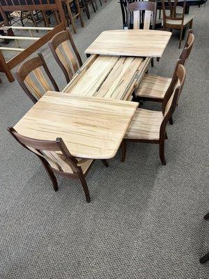 Beautiful Galveston table and chairs made with Wormy maple & Walnut. Come see it for yourself