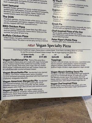 Vegan pizza options.