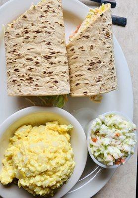 Grilled chicken wrap, homemade potato salad, coleslaw