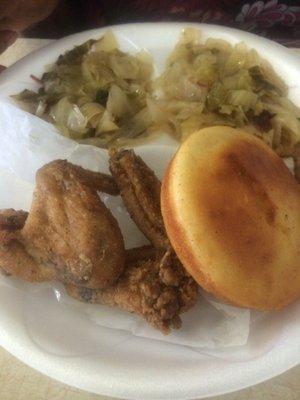 Wings, double cabbage and cornbread for mom