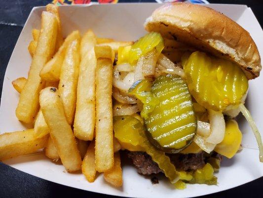 double burger,onions,pickles with fries