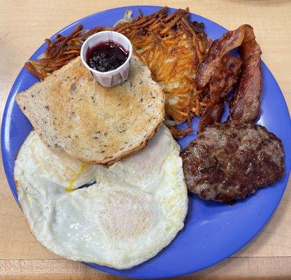 The Big One - 3 eggs, bacon, sausage, hash browns and toast - $10