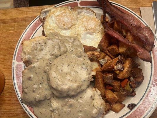 Biscuits and Gravy with a side of bacon