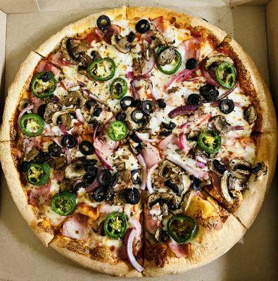 Create Your Own: Ham, black olives, onions, jalapeños and mushrooms