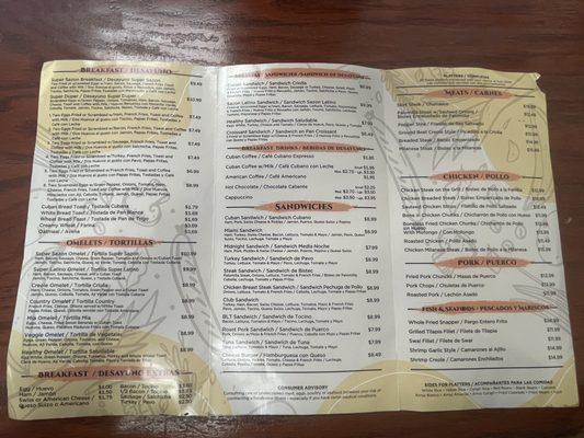 Inside view of the menu