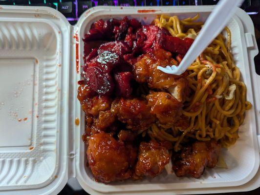 Chow Mein, Orange Chicken, BBQ pork