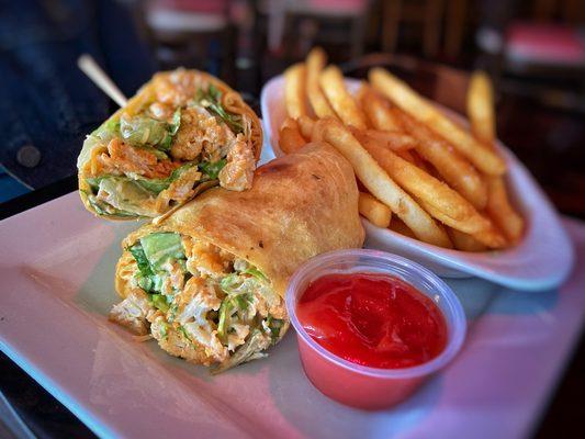 Buffalo Chicken Wrap with a side of fries. From the lunch menu.