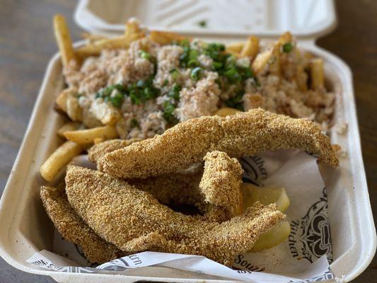 50/50 catfish and shrimp with crab cajun fries