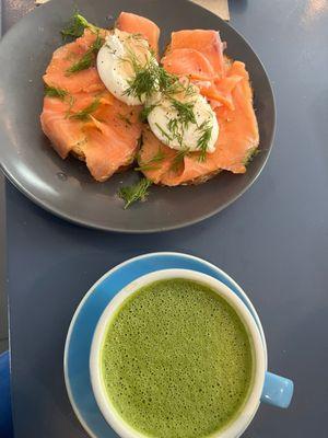 Poached egg and smoked salmon. Matcha Latte