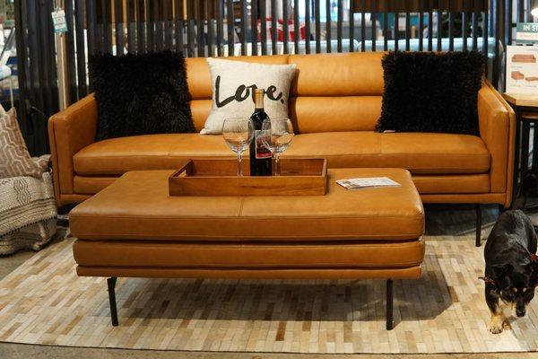 Contemporary top grain Italian leather tan color sofa with ottoman