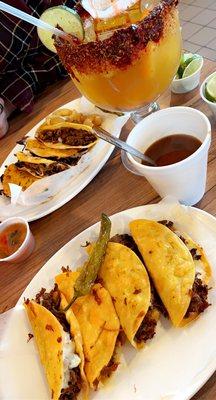 Mango Miche, Birria Tacos con queso, Consome (broth)