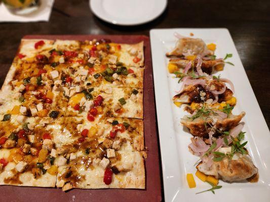 Pork Potstickers & Jerk Chicken Flatbread