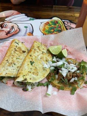 Barbacoa and pastor quesadilla, tripa taco