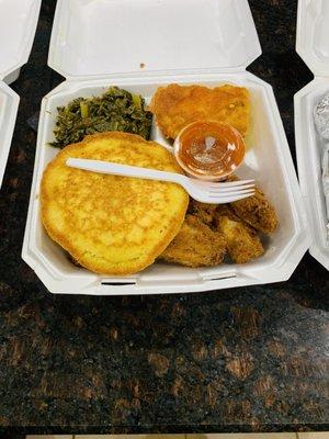 Fried green tomatoes, chicken wings, Mac n chz, greens & hotwater cornbread