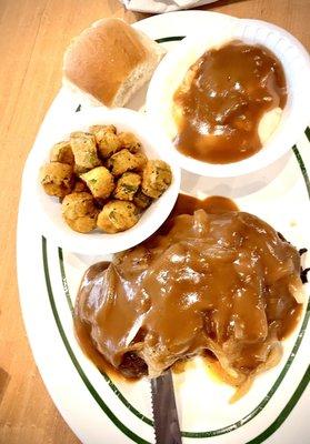 Hamburger steak with gravy and onions, okra and mashed potatoes