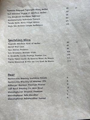 Menu drinks