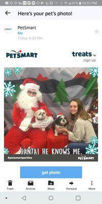 Santa with the boys. Love our pet smart especially Chelsea and Hillary. Thank you for taking such good care of Gizmo and Scooby.