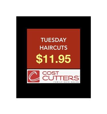 Try it Tuesday! $11.95 Haircuts All Day Every Tuesday! Come on in!