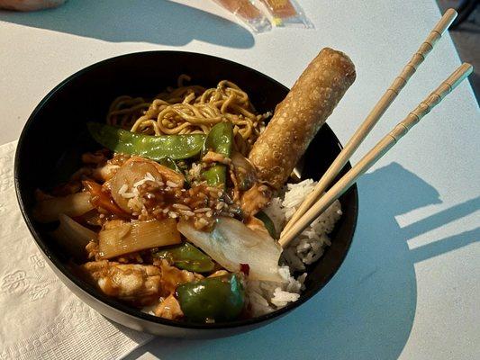 Szechuan chicken combo dinner - w/ rice & egg (1/2 portion) roll // side of lo mein (1/4 portion)