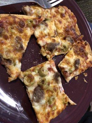 Hamburger and green olive pizza.  Thin crust