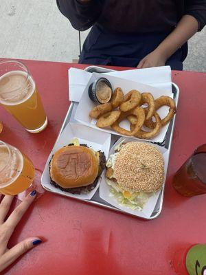 Gotham burger / fish fillet / onion rings