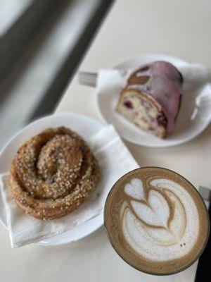 Oat milk mocha, everything pinwheel, lemon raspberry coffee cake