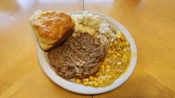 From the buffet: Country Fried Steak, Chicken & Rice, Corn, Mashed Potatoes & Biscuit