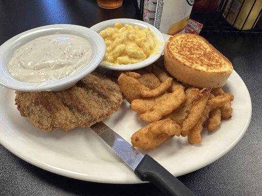 Country Fry Steak with Mac n Cheese and Onion Petals