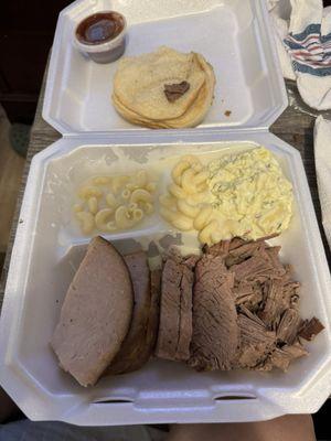 2 meat plate turkey and brisket with Mac and cheese and tater salad.