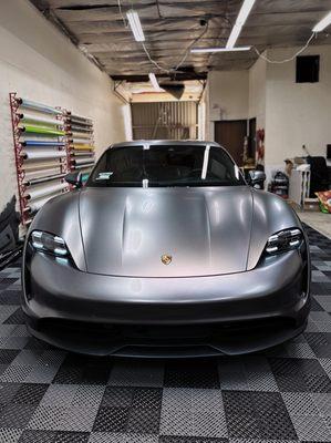 Porsche Taycan wrapped in Satin Dark Gray.