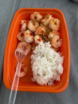 6oz Shrimp w/ 1 scoop of white rice. No veggies.  Seasoning: lemon pepper    Added home seasoning: sweet chili sauce