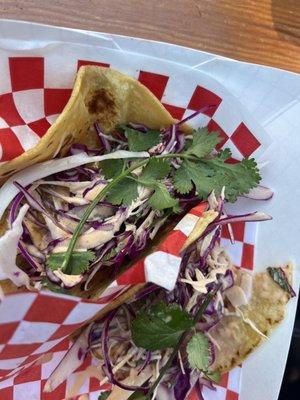 Fish Tacos, the slaw is amazing!