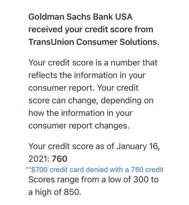 Goldman Sachs showing my credit score. Denied for a $700 credit card lol.