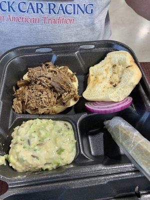 Chopped brisket sandwich with broccoli casserole