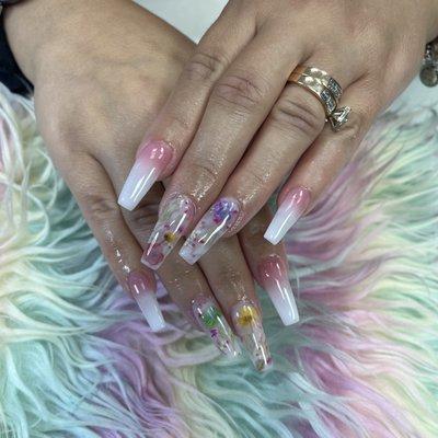 Full Glam nail set with Ombre pink and white acrylic by Fabulous Nails-Allen Park