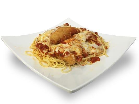 Chicken Parmesan - lightly breaded chicken breasts baked and smothered with cheese and marinara sauce over spaghetti pasta.