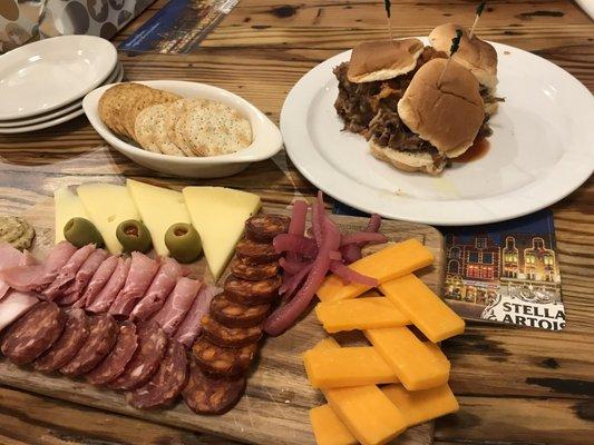 Charcuterie plate and the BBQ sliders