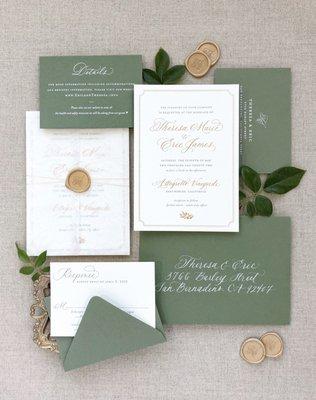 Letterpress and foil printed wedding invitation with custom calligraphy and wax seal