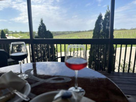 A glass of the rose overlooking the vineyards.