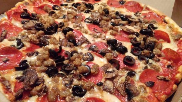 Pepperoni, mushrooms, black olives and sausage.